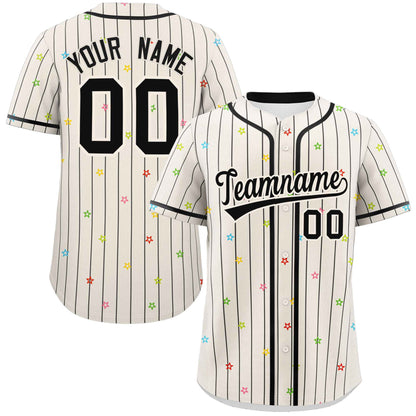 Custom Cream Black Stripe Fashion Personalized Star Pattern Authentic Baseball Jersey