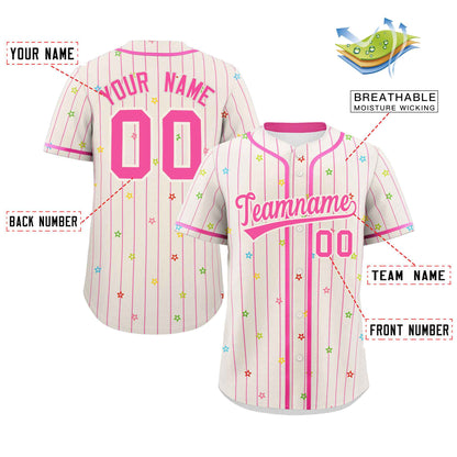 Custom Cream Pink Stripe Fashion Personalized Star Pattern Authentic Baseball Jersey