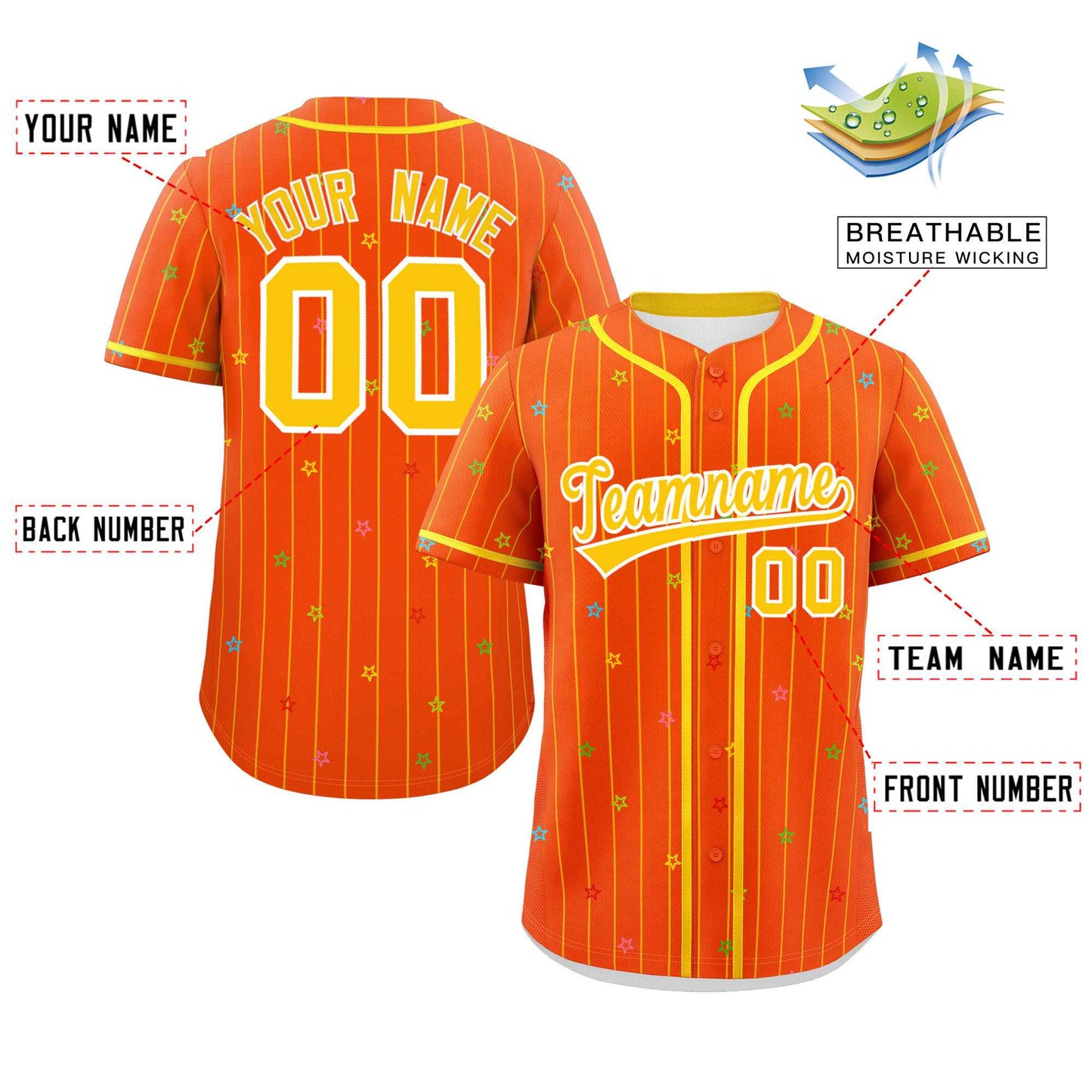 Custom Orange Gold Stripe Fashion Personalized Star Pattern Authentic Baseball Jersey