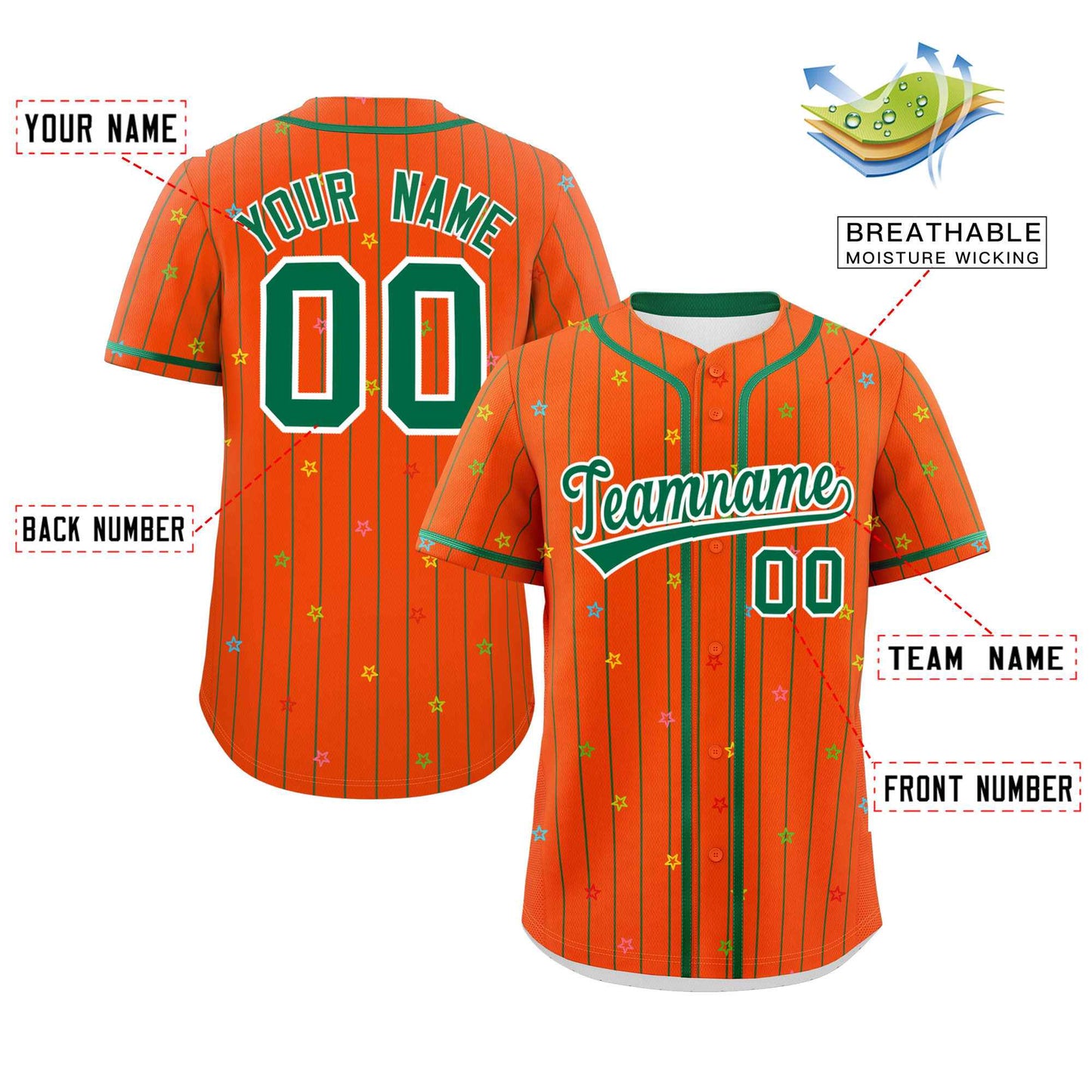 Custom Orange Kelly Green Stripe Fashion Personalized Star Pattern Authentic Baseball Jersey