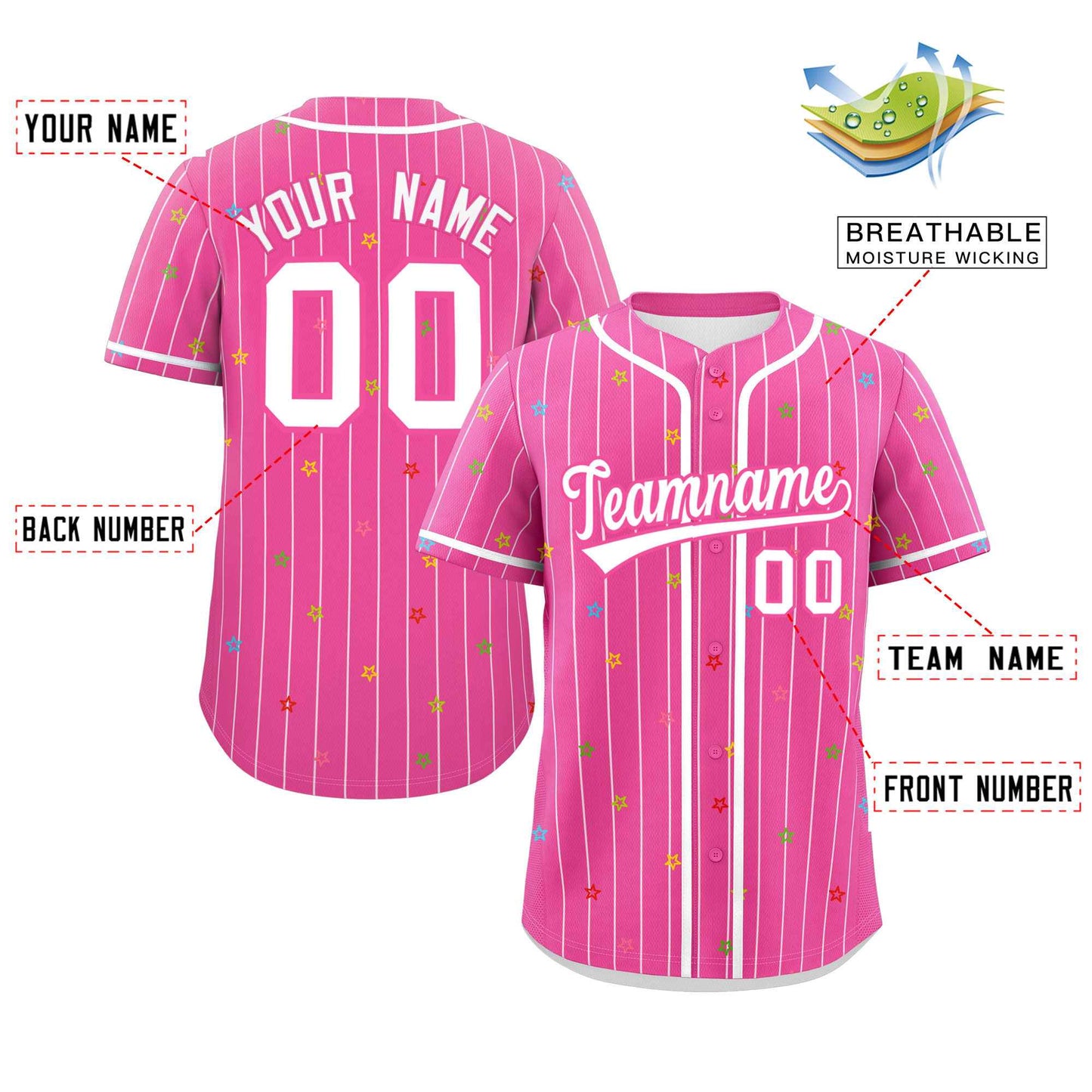 Custom Pink White Stripe Fashion Personalized Star Pattern Authentic Baseball Jersey