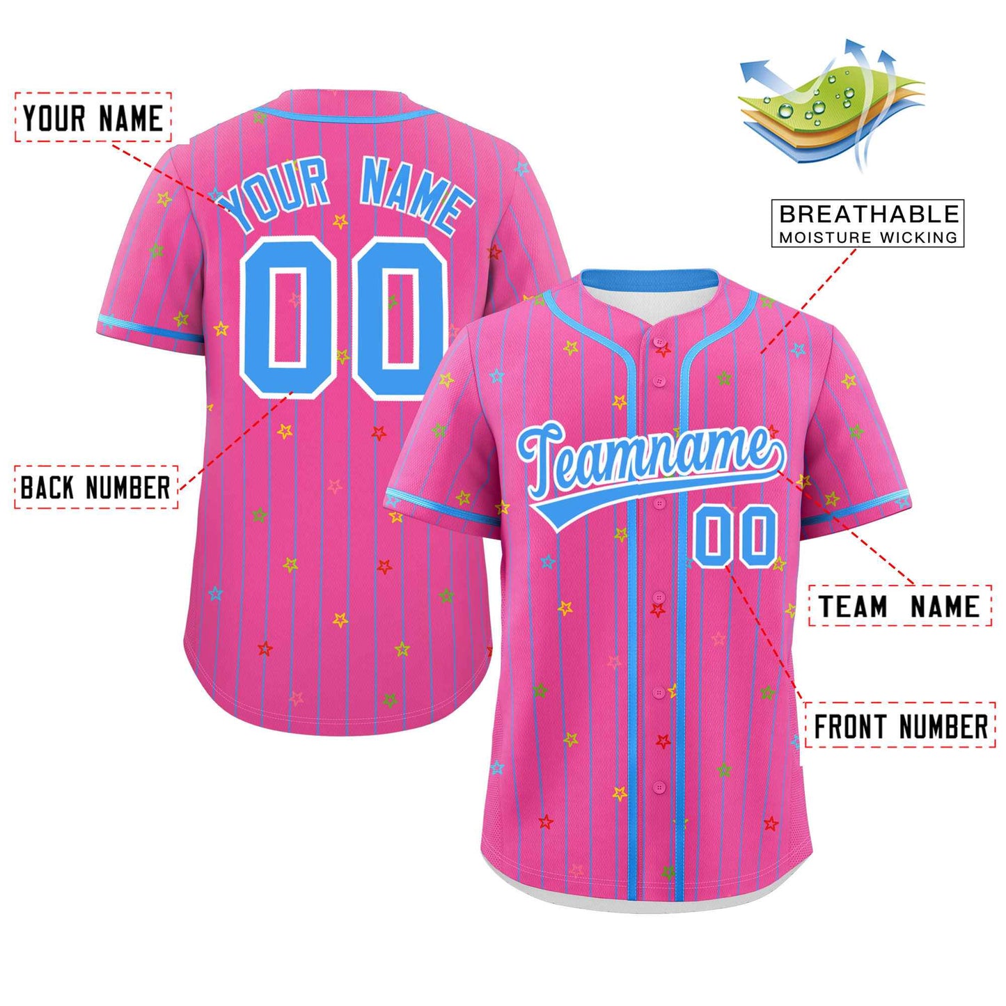 Custom Pink Powder Blue Stripe Fashion Personalized Star Pattern Authentic Baseball Jersey