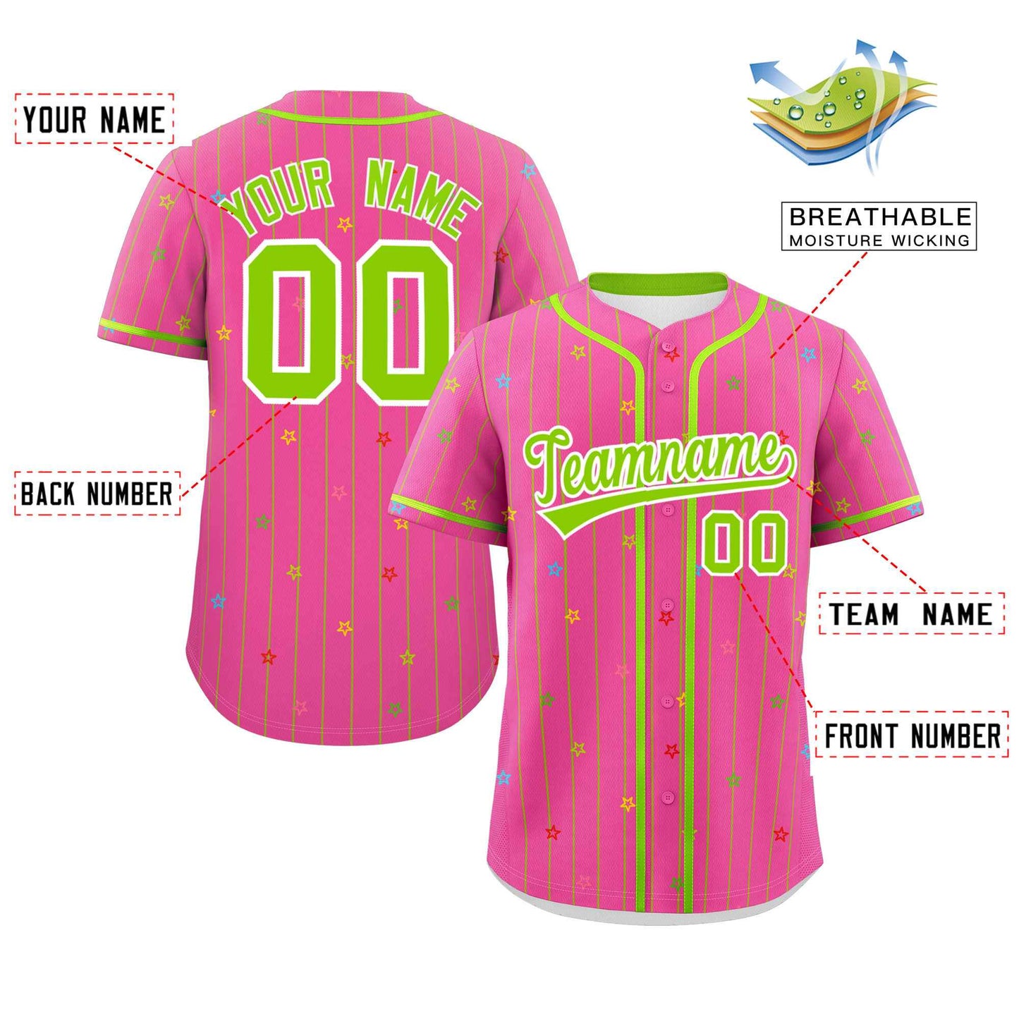 Custom Pink Neon Green Stripe Fashion Personalized Star Pattern Authentic Baseball Jersey