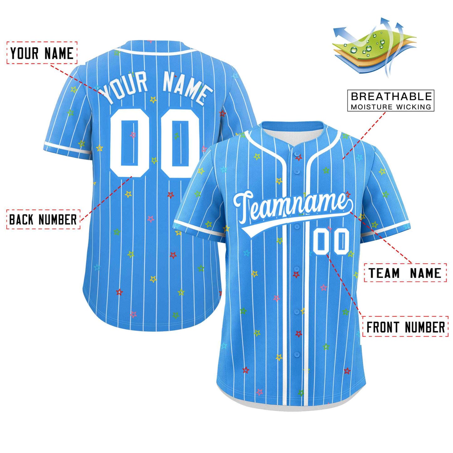 Custom Powder Blue White Stripe Fashion Personalized Star Pattern Authentic Baseball Jersey