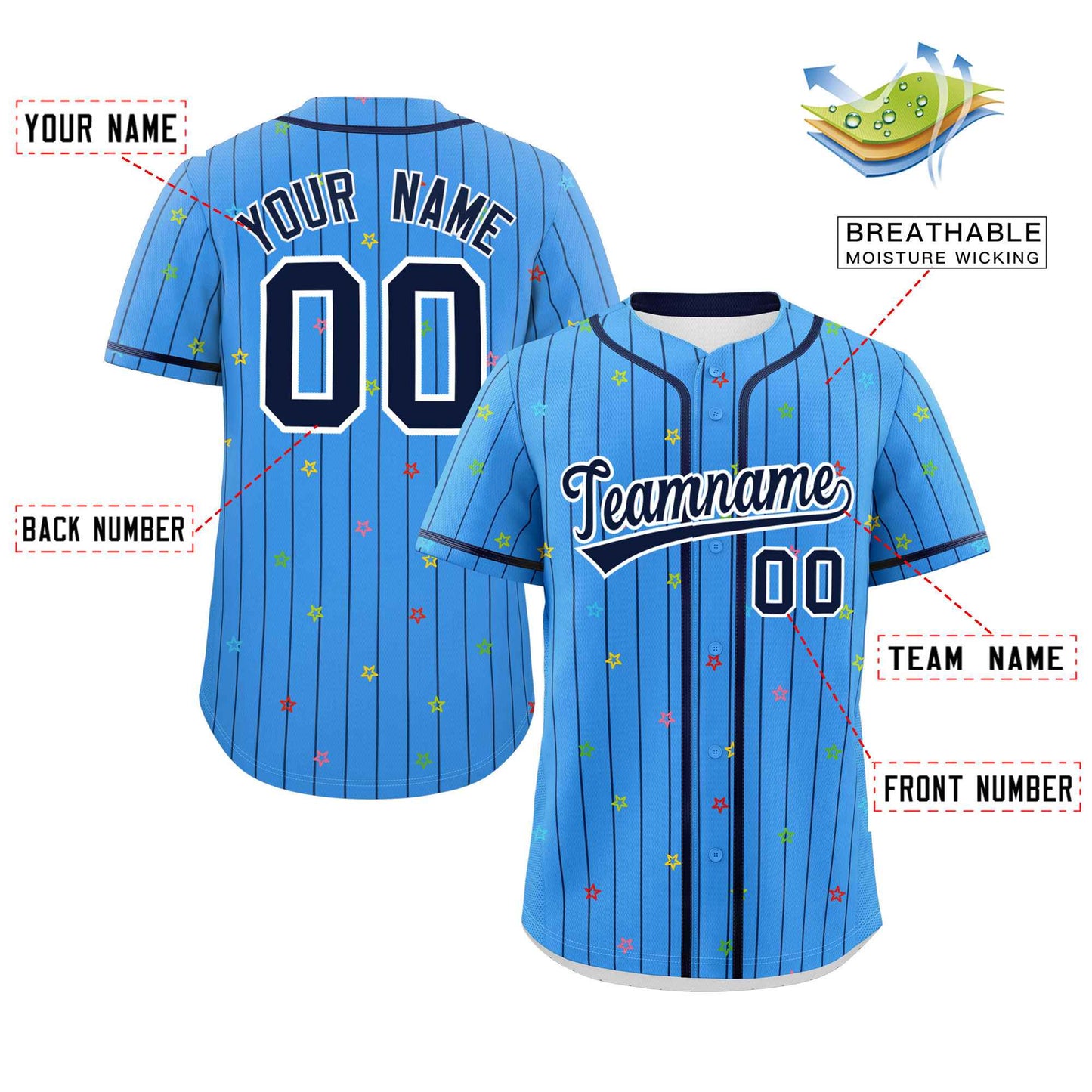 Custom Powder Blue Navy Stripe Fashion Personalized Star Pattern Authentic Baseball Jersey