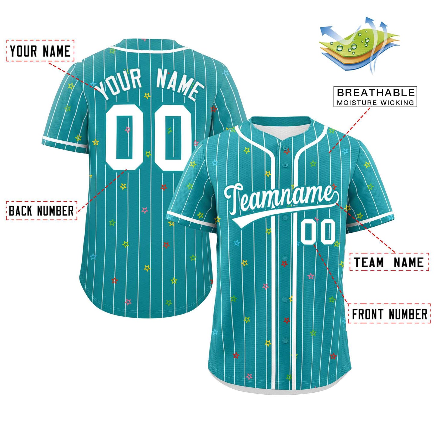 Custom Aqua White Stripe Fashion Personalized Star Pattern Authentic Baseball Jersey