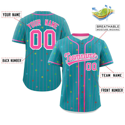 Custom Aqua Pink Stripe Fashion Personalized Star Pattern Authentic Baseball Jersey