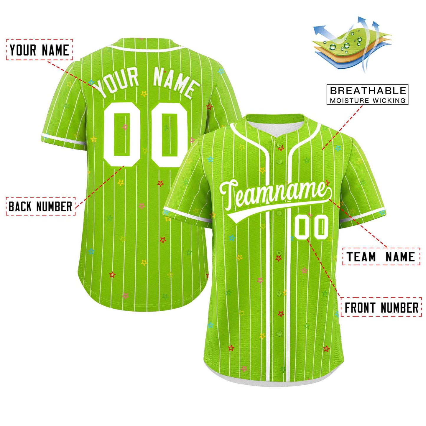 Custom Neon Green White Stripe Fashion Personalized Star Pattern Authentic Baseball Jersey