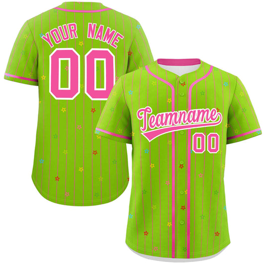 Custom Neon Green Pink Stripe Fashion Personalized Star Pattern Authentic Baseball Jersey