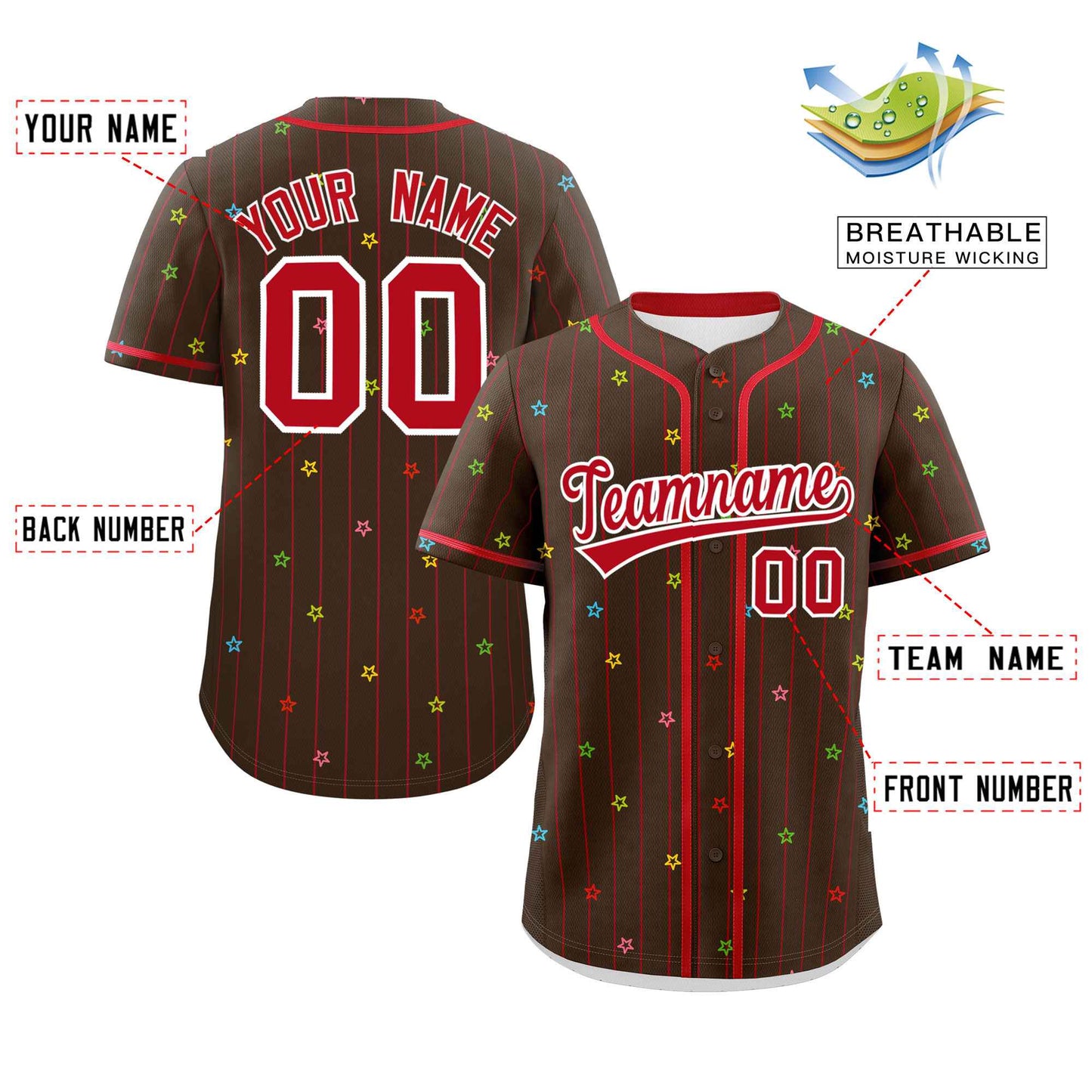 Custom Brown Red Stripe Fashion Personalized Star Pattern Authentic Baseball Jersey