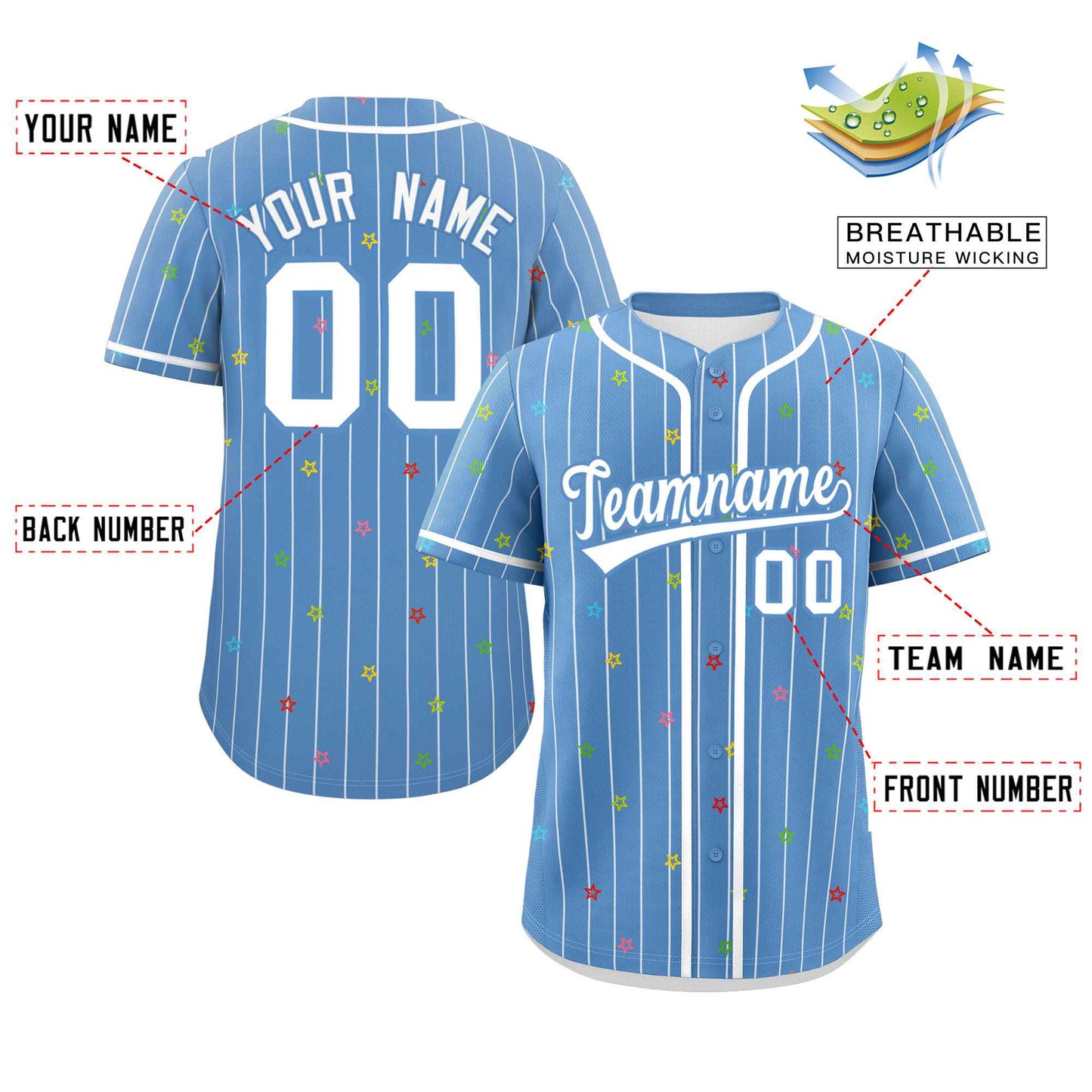 Custom Light Blue White Stripe Fashion Personalized Star Pattern Authentic Baseball Jersey