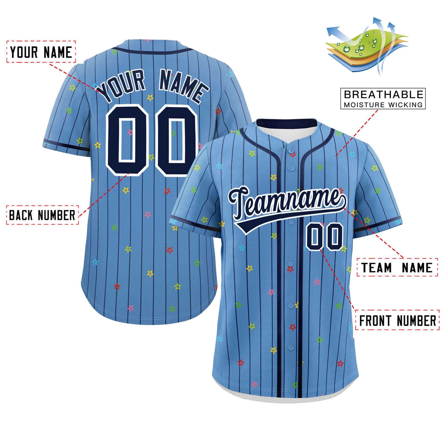 Custom Light Blue Navy Stripe Fashion Personalized Star Pattern Authentic Baseball Jersey