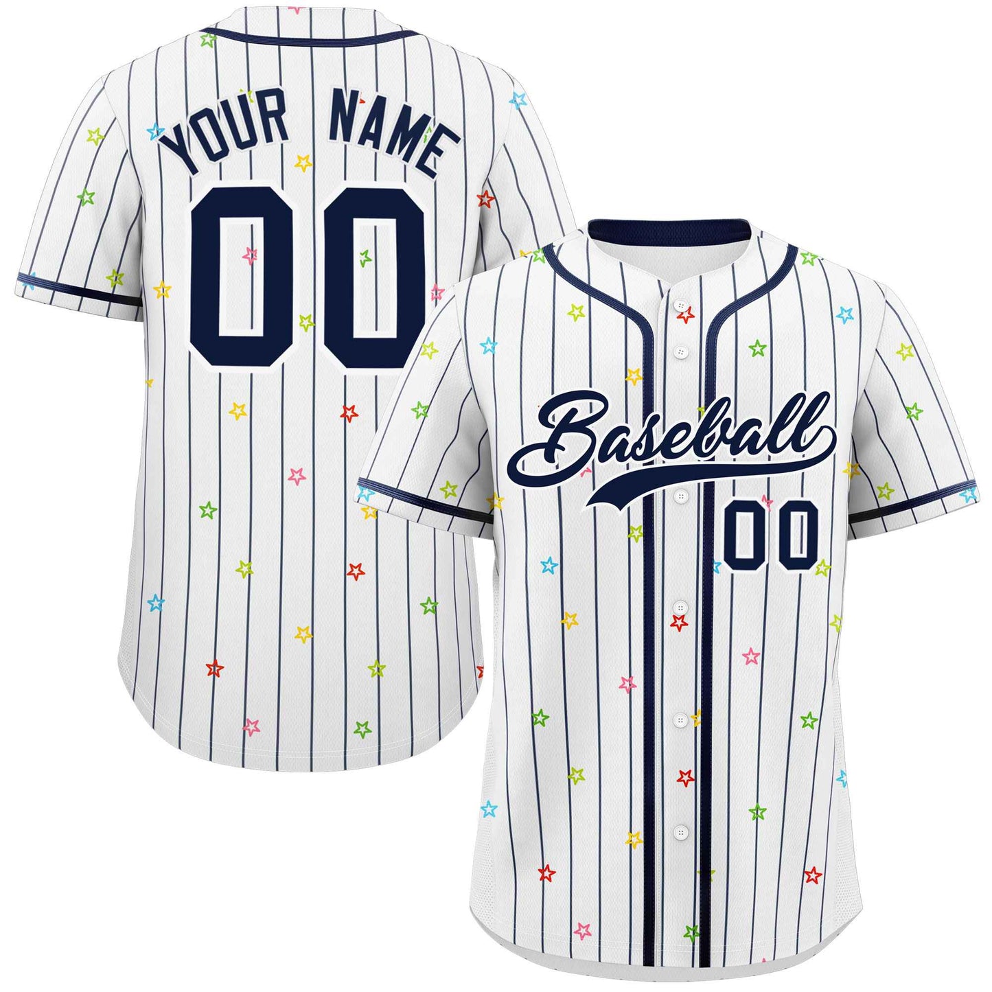 Custom White Navy Stripe Fashion Personalized Star Pattern Authentic Baseball Jersey