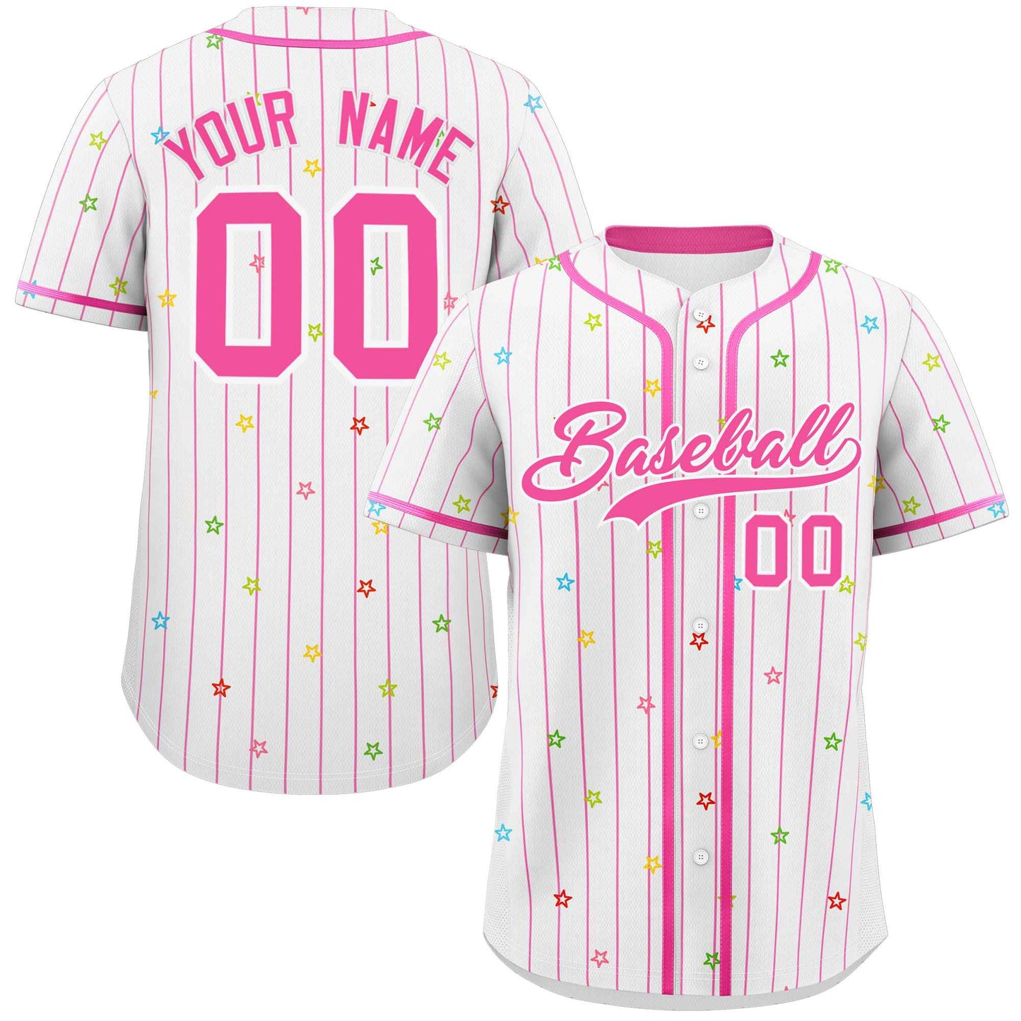 Custom White Pink Stripe Fashion Personalized Star Pattern Authentic Baseball Jersey