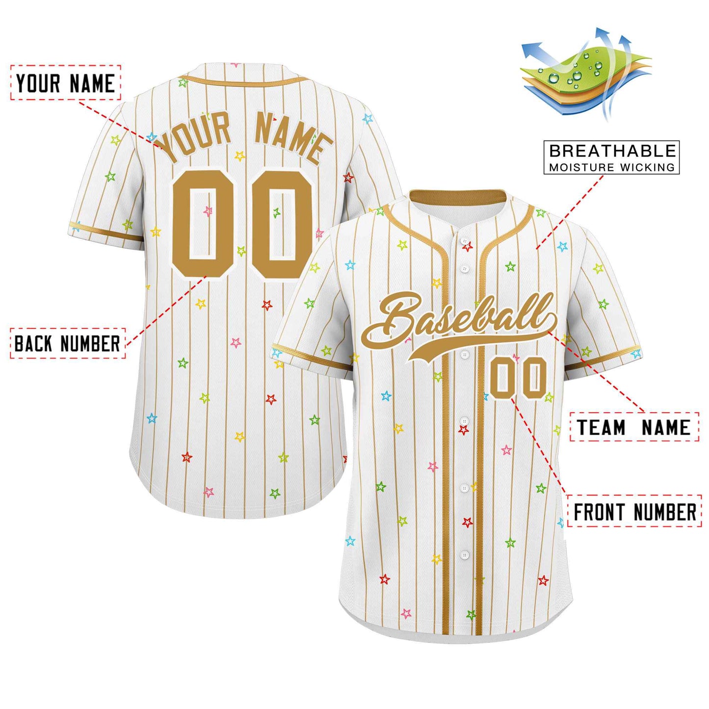 Custom White Old Gold Stripe Fashion Personalized Star Pattern Authentic Baseball Jersey