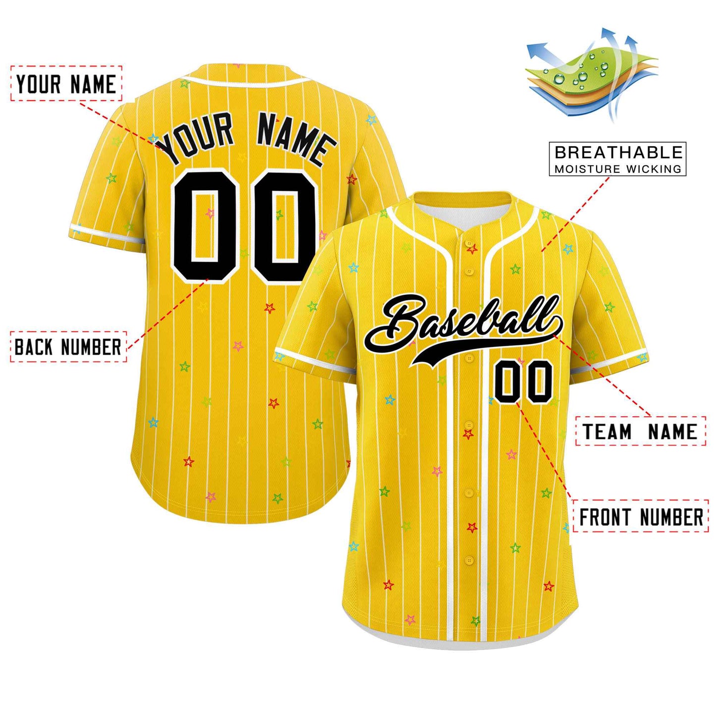 Custom Gold White Stripe Fashion Personalized Star Pattern Authentic Baseball Jersey