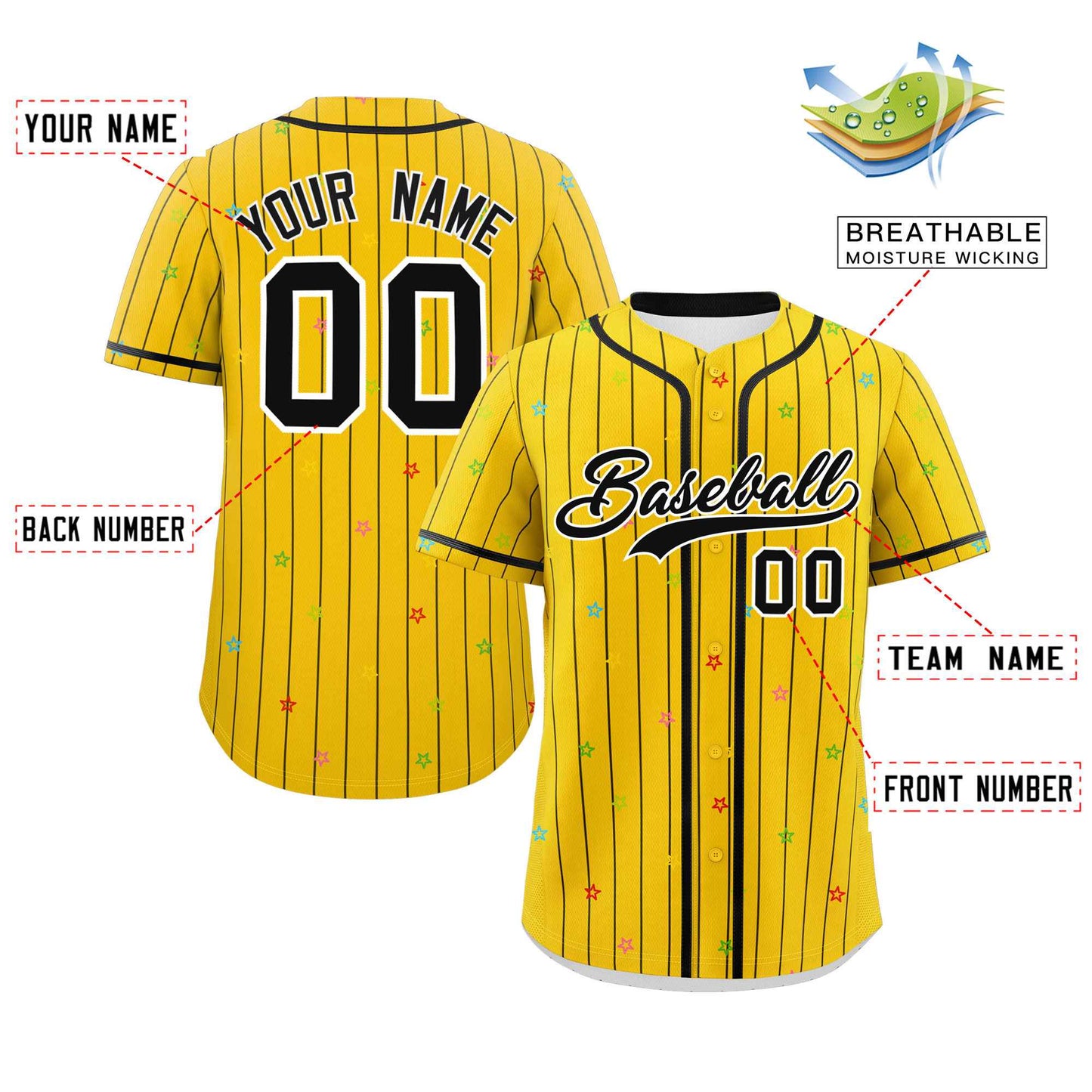 Custom Gold Black Stripe Fashion Personalized Star Pattern Authentic Baseball Jersey