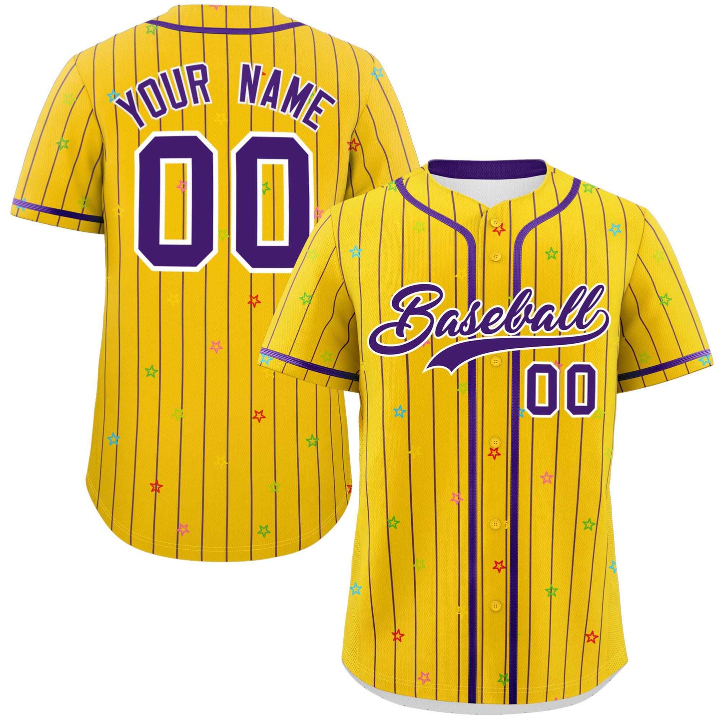 Custom Gold Purple Stripe Fashion Personalized Star Pattern Authentic Baseball Jersey