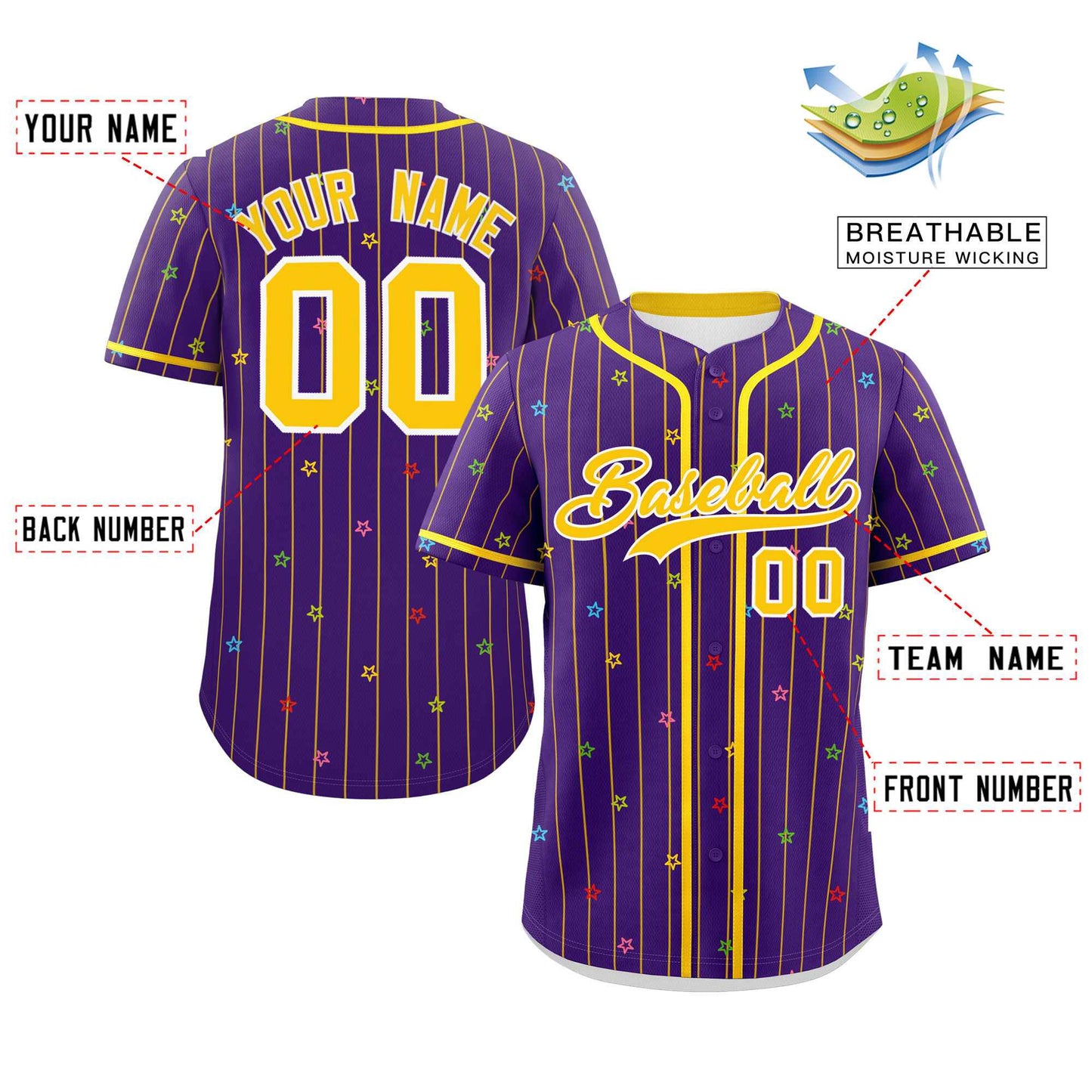 Custom Purple Gold Stripe Fashion Personalized Star Pattern Authentic Baseball Jersey