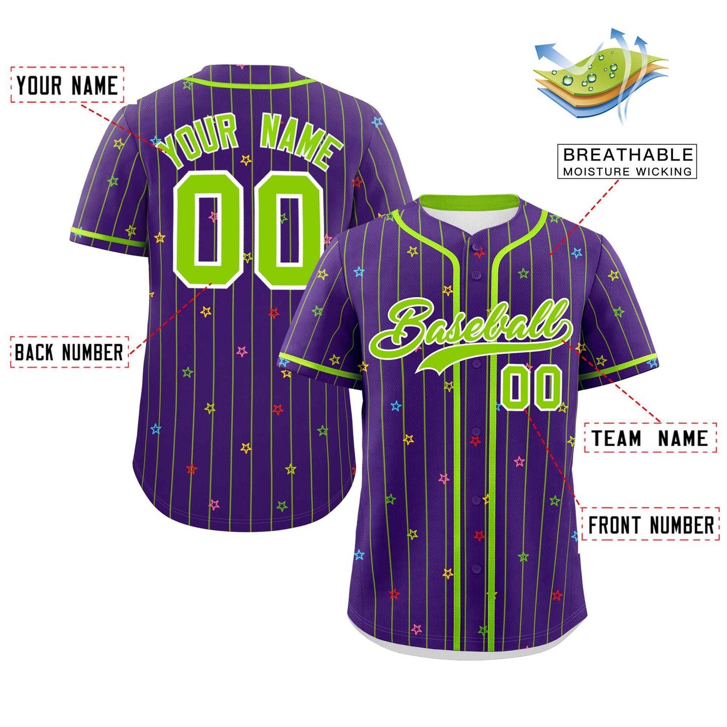 Custom Purple Neon Green Stripe Fashion Personalized Star Pattern Authentic Baseball Jersey