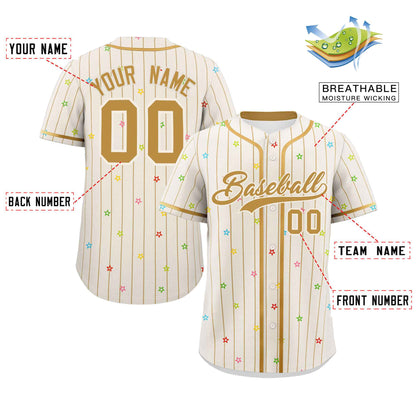 Custom Cream Old Gold Stripe Fashion Personalized Star Pattern Authentic Baseball Jersey