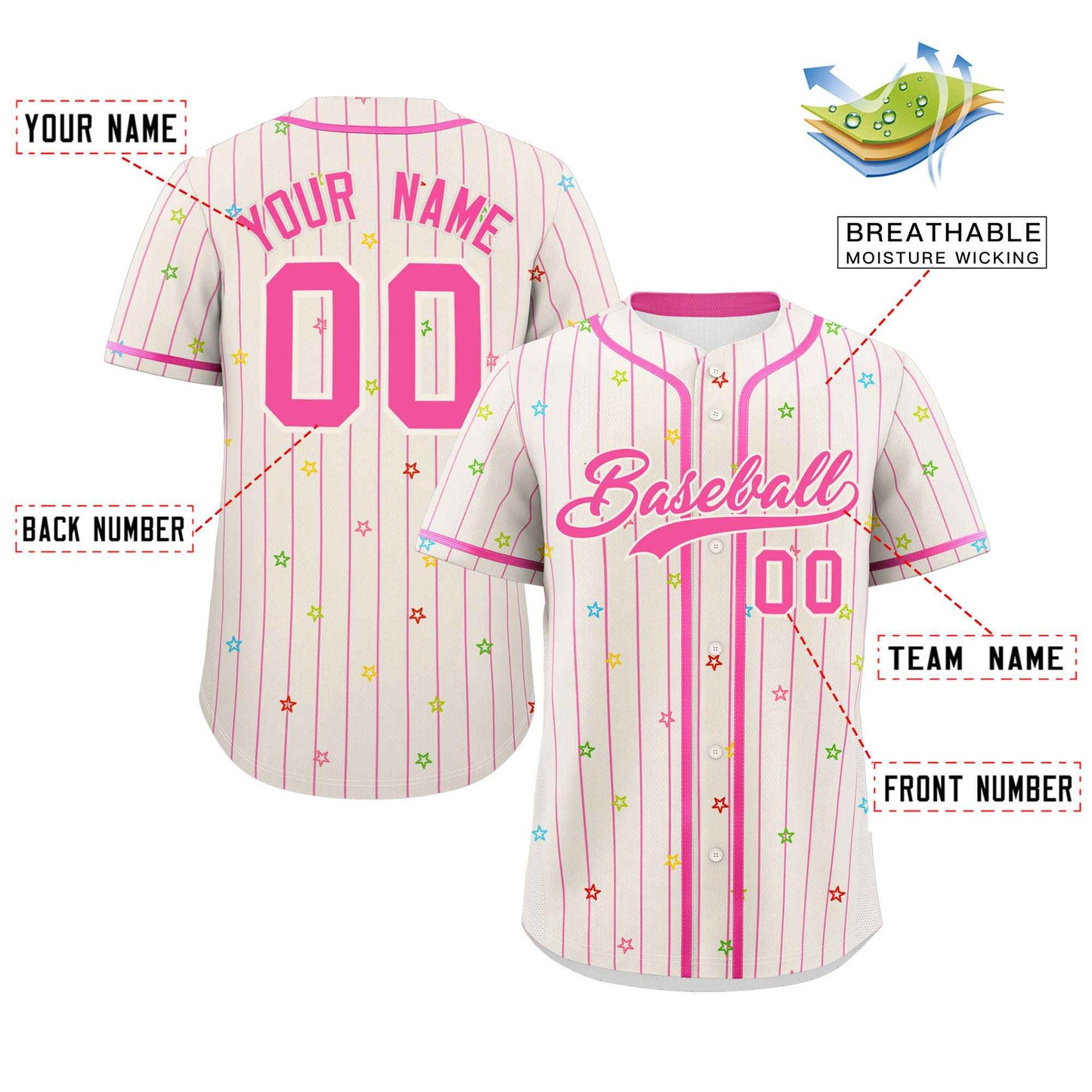 Custom Cream Pink Stripe Fashion Personalized Star Pattern Authentic Baseball Jersey