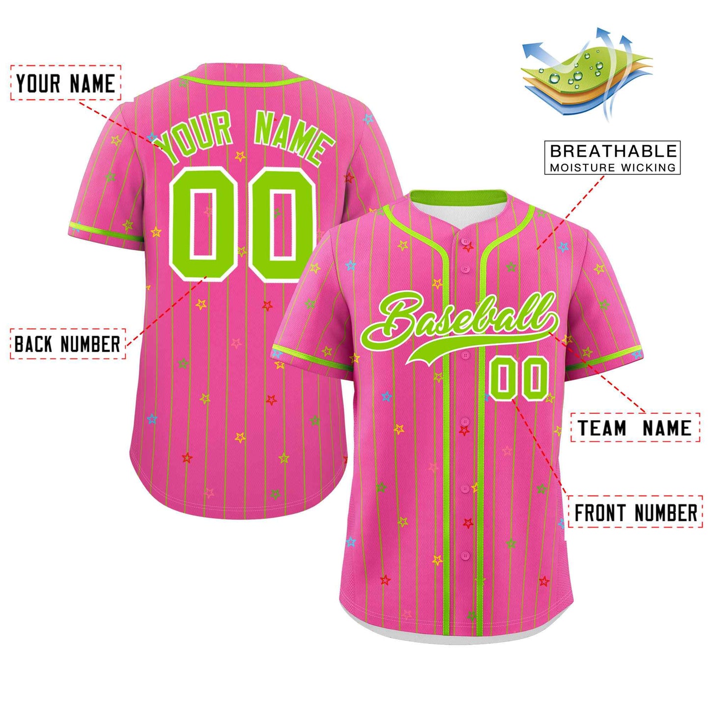 Custom Pink Neon Green Stripe Fashion Personalized Star Pattern Authentic Baseball Jersey