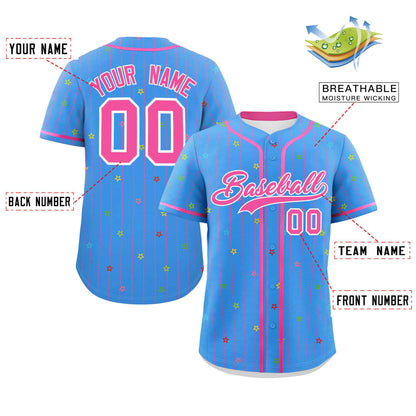 Custom Powder Blue Pink Stripe Fashion Personalized Star Pattern Authentic Baseball Jersey