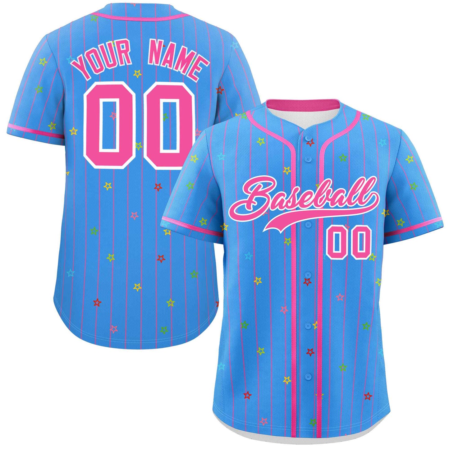 Custom Powder Blue Pink Stripe Fashion Personalized Star Pattern Authentic Baseball Jersey