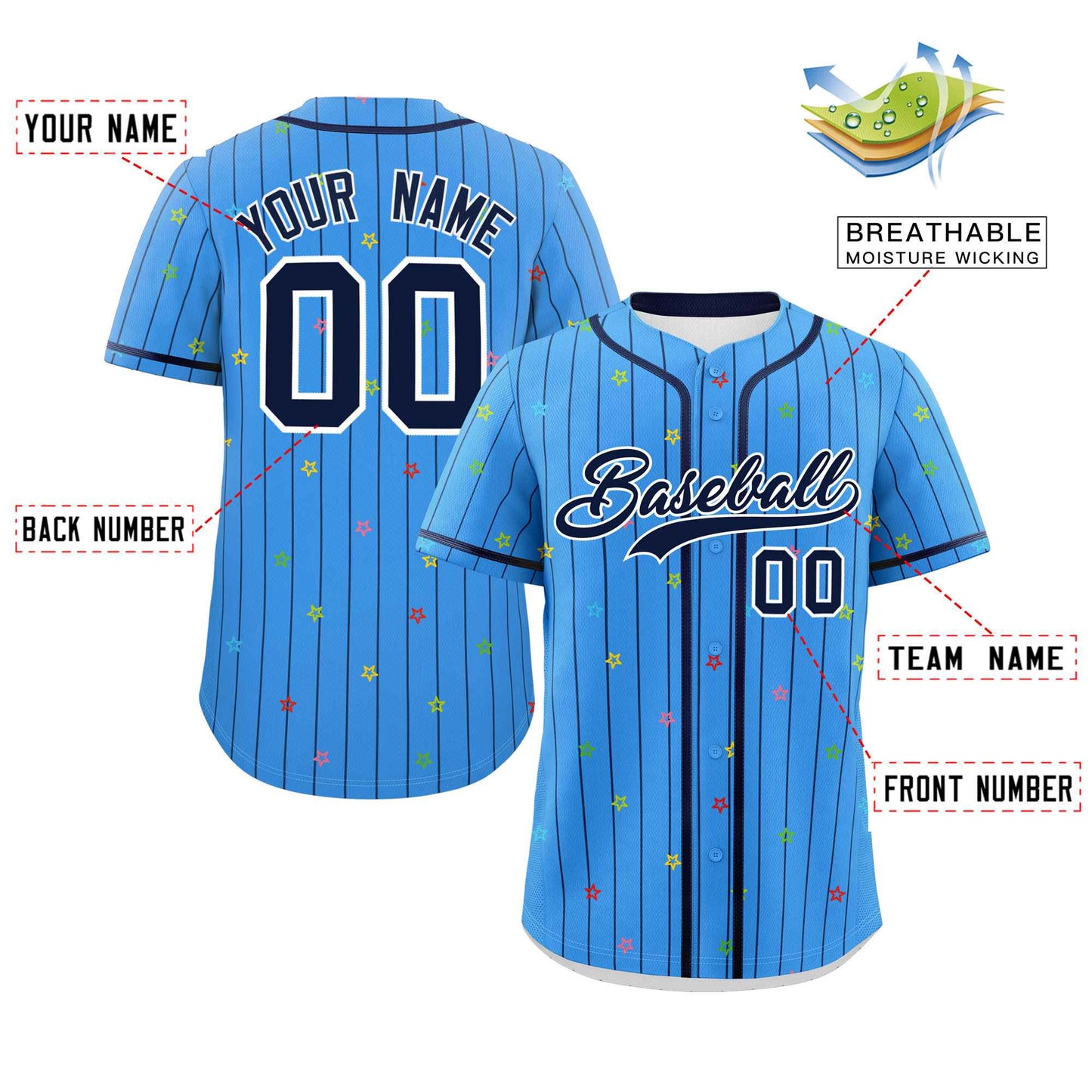 Custom Powder Blue Navy Stripe Fashion Personalized Star Pattern Authentic Baseball Jersey