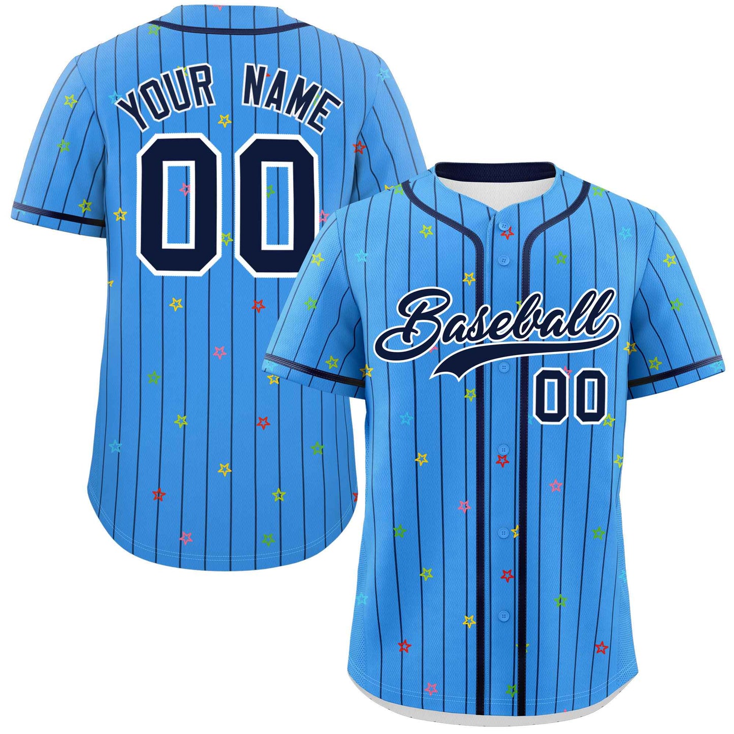 Custom Powder Blue Navy Stripe Fashion Personalized Star Pattern Authentic Baseball Jersey