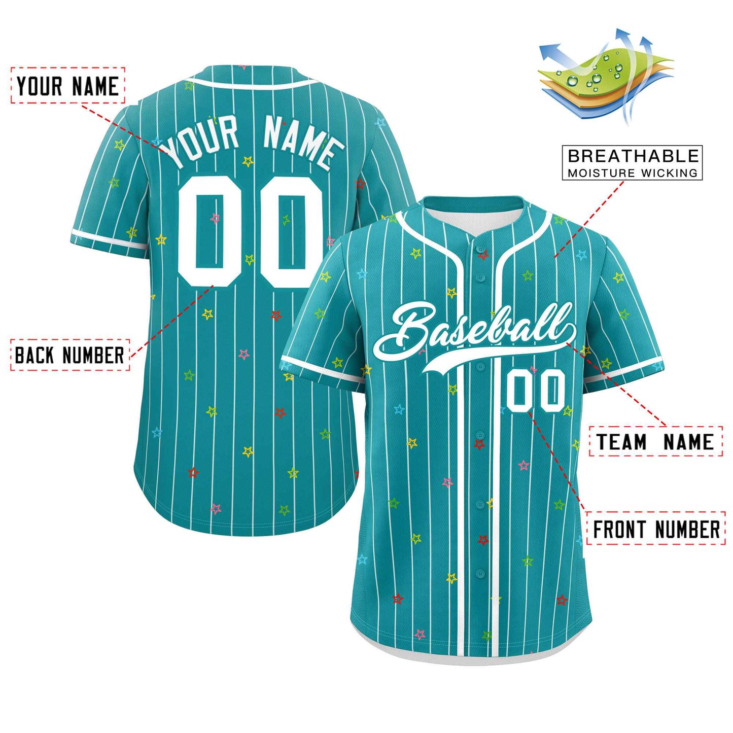 Custom Aqua White Stripe Fashion Personalized Star Pattern Authentic Baseball Jersey