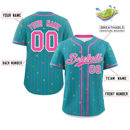 Custom Aqua Pink Stripe Fashion Personalized Star Pattern Authentic Baseball Jersey