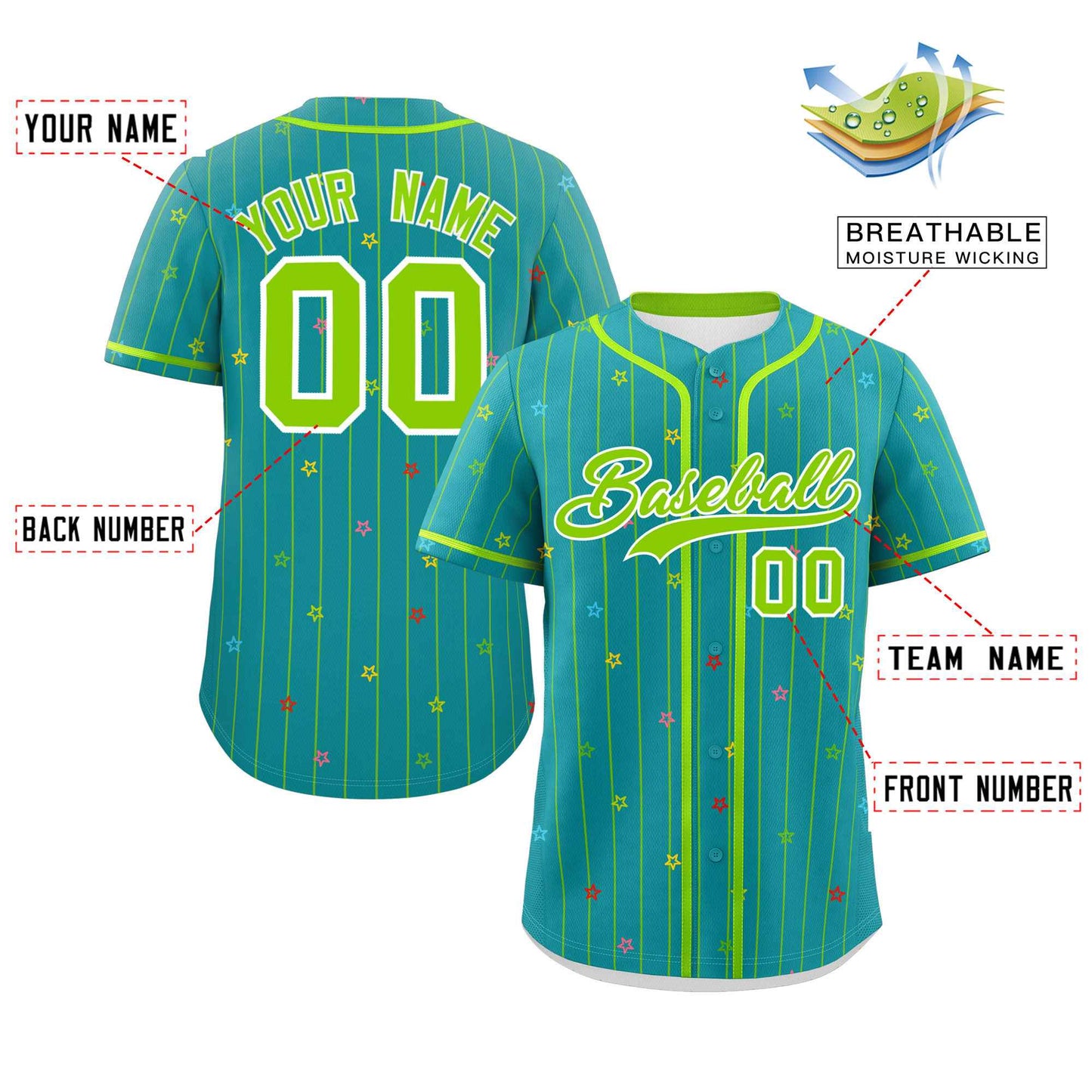 Custom Aqua Neon Green Stripe Fashion Personalized Star Pattern Authentic Baseball Jersey