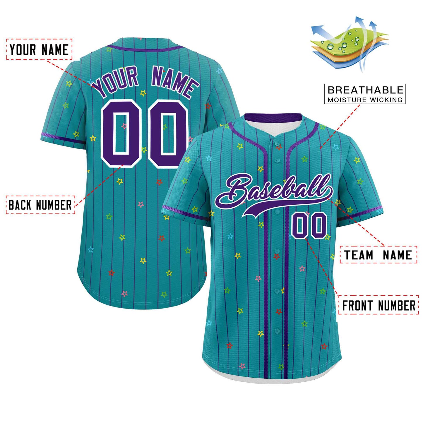 Custom Aqua Purple Stripe Fashion Personalized Star Pattern Authentic Baseball Jersey