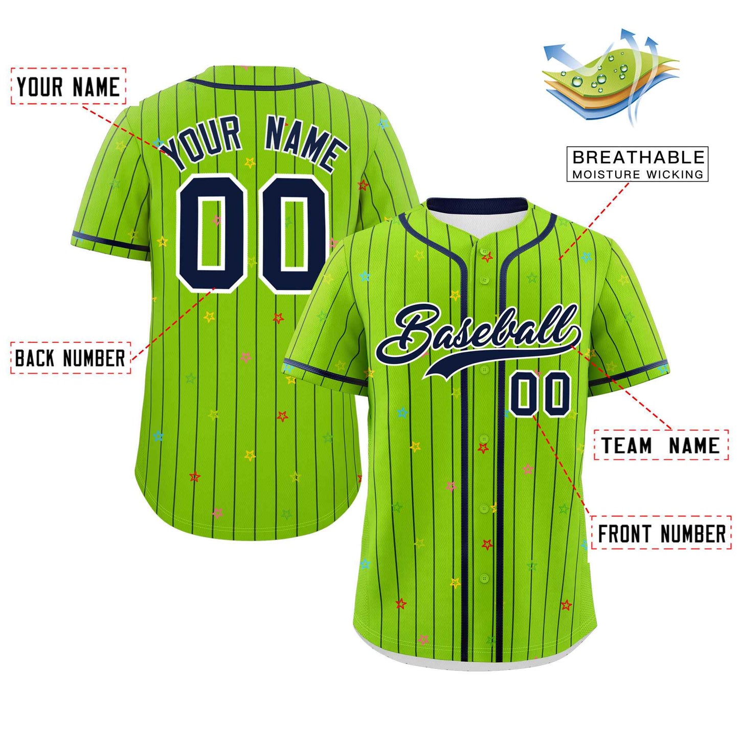 Custom Neon Green Navy Stripe Fashion Personalized Star Pattern Authentic Baseball Jersey