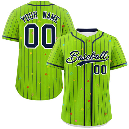 Custom Neon Green Navy Stripe Fashion Personalized Star Pattern Authentic Baseball Jersey