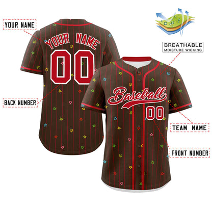 Custom Brown Red Stripe Fashion Personalized Star Pattern Authentic Baseball Jersey