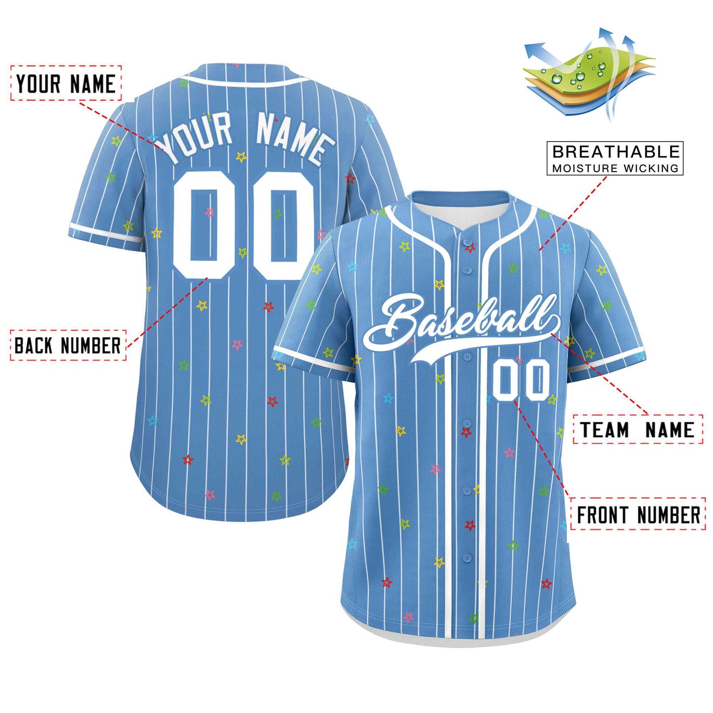 Custom Light Blue White Stripe Fashion Personalized Star Pattern Authentic Baseball Jersey