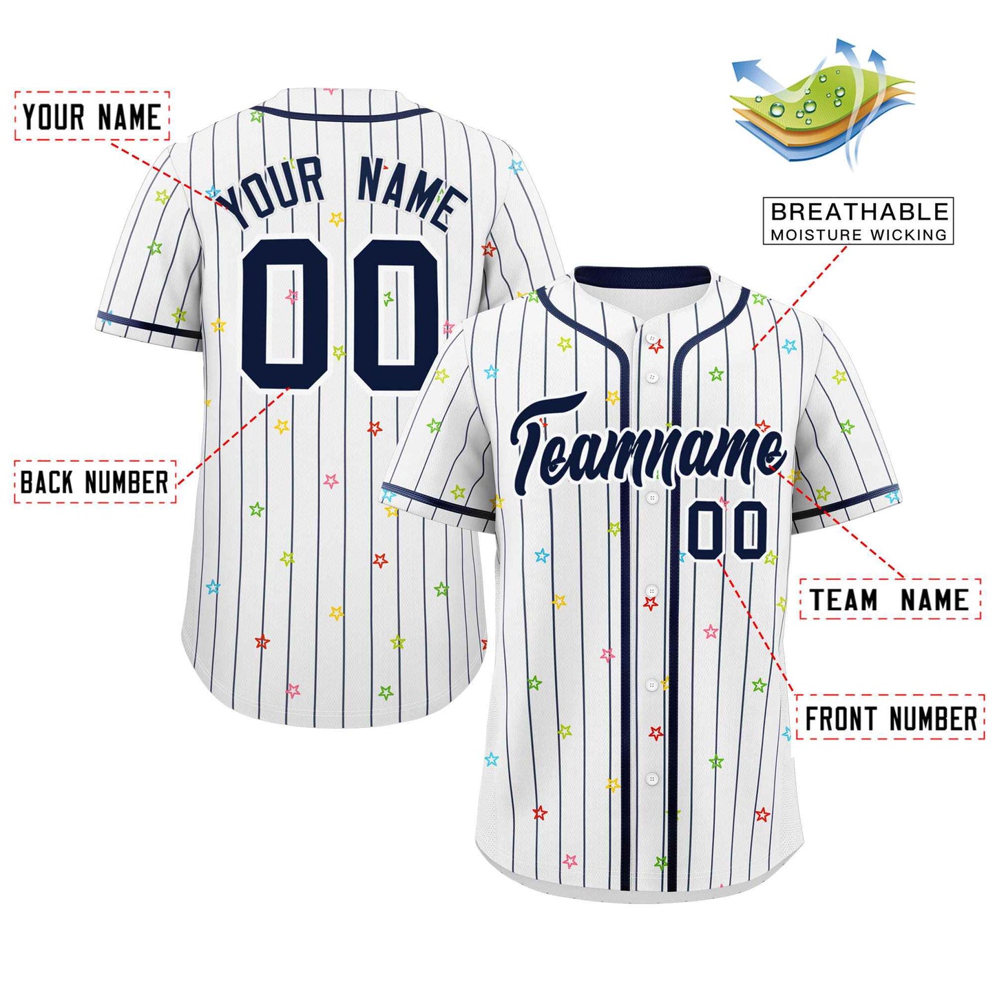 Custom White Navy Stripe Fashion Personalized Star Pattern Authentic Baseball Jersey