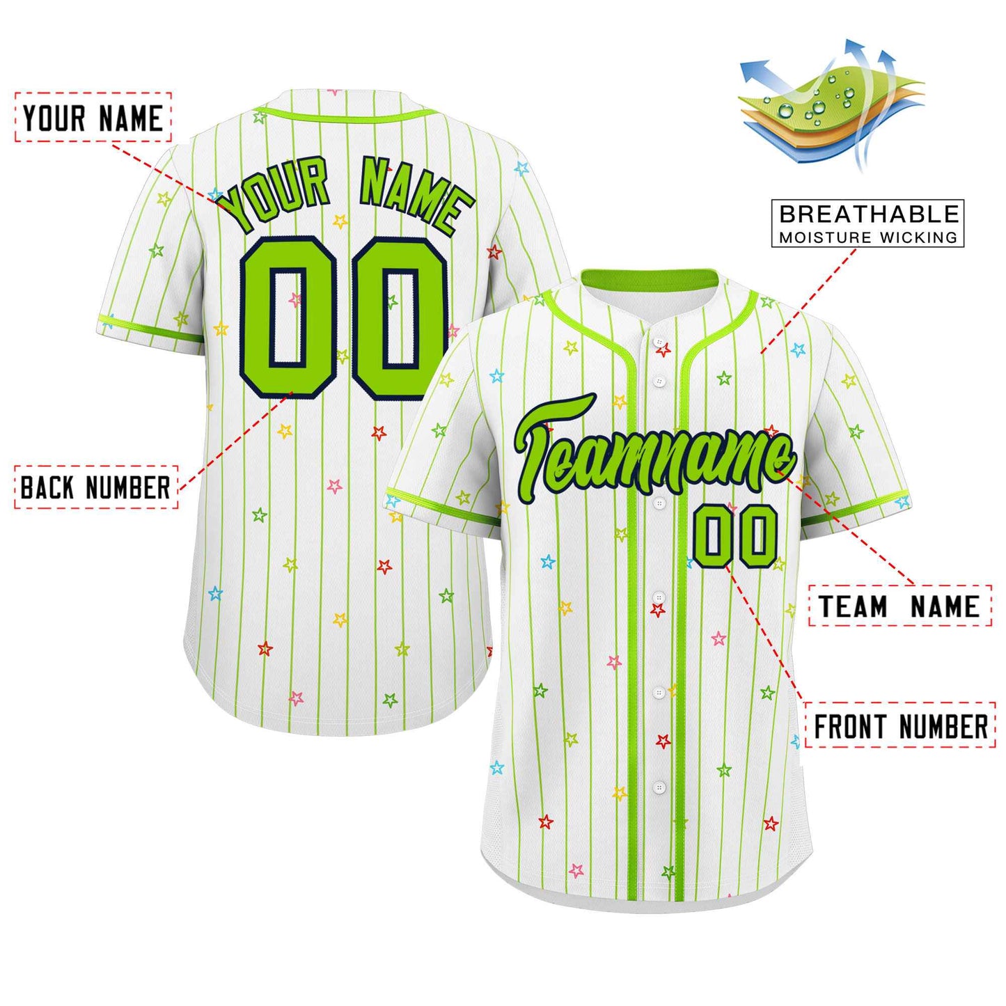 Custom White Neon Green Stripe Fashion Personalized Star Pattern Authentic Baseball Jersey