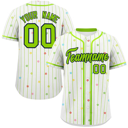 Custom White Neon Green Stripe Fashion Personalized Star Pattern Authentic Baseball Jersey