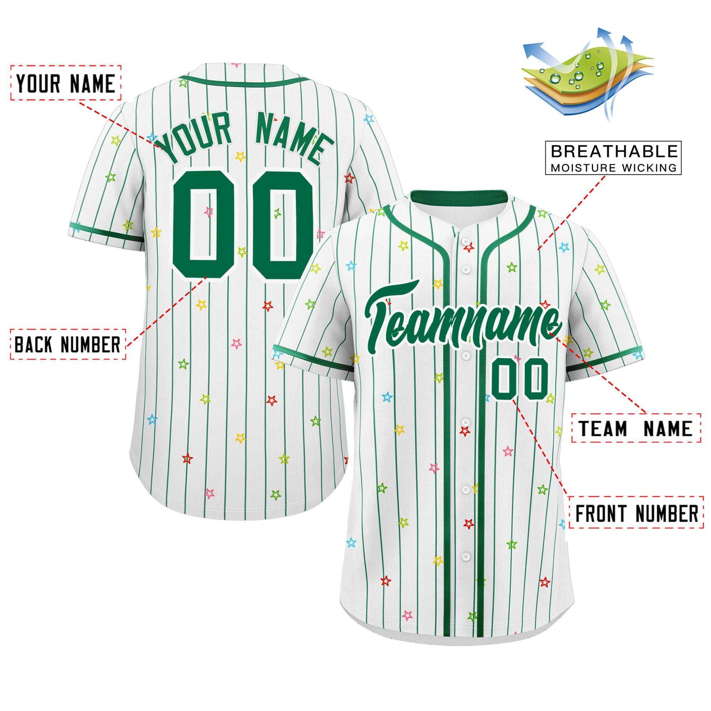 Custom White Kelly Green Stripe Fashion Personalized Star Pattern Authentic Baseball Jersey