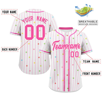 Custom White Pink Stripe Fashion Personalized Star Pattern Authentic Baseball Jersey