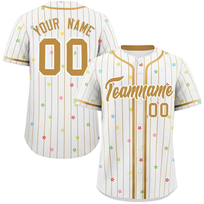 Custom White Old Gold Stripe Fashion Personalized Star Pattern Authentic Baseball Jersey