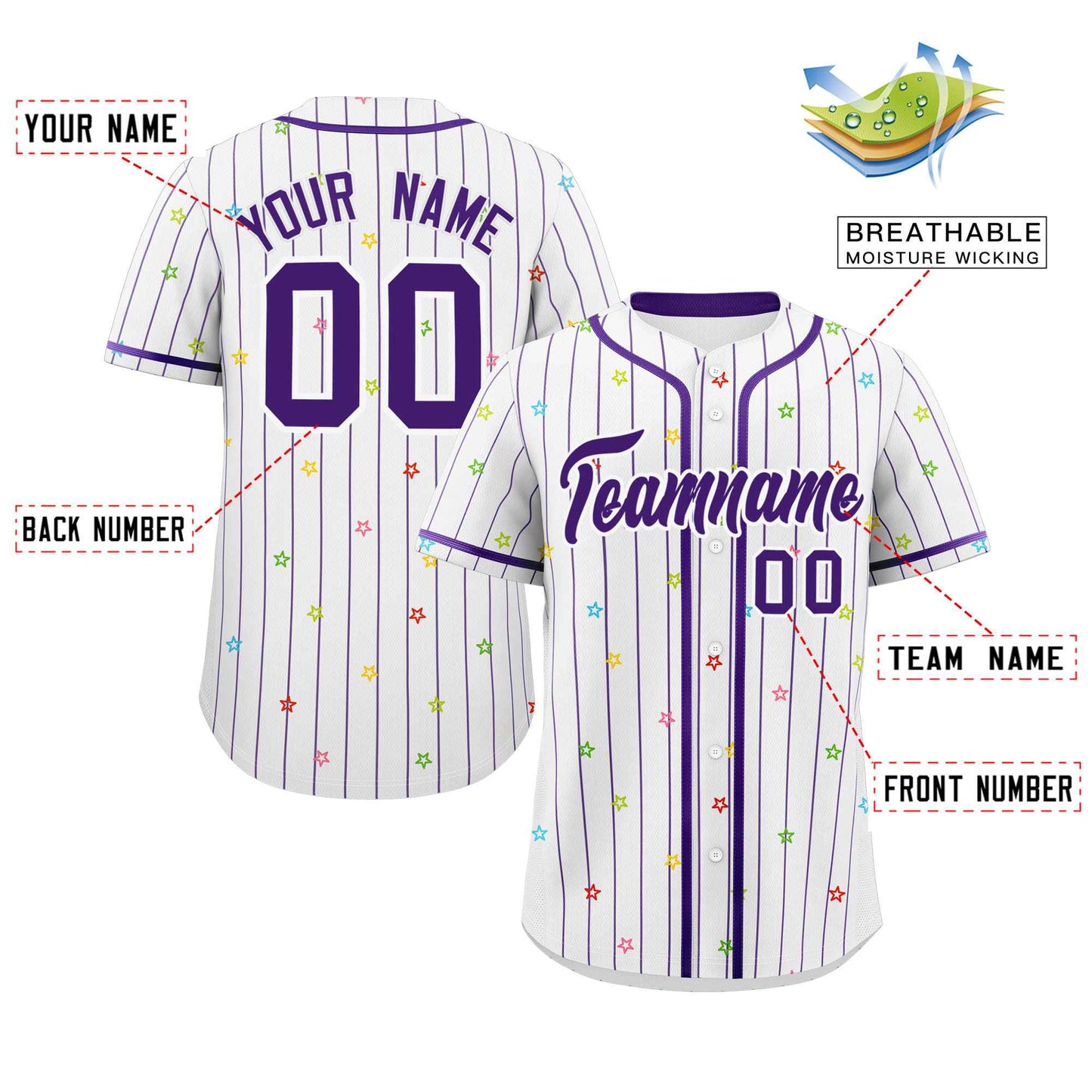 Custom White Purple Stripe Fashion Personalized Star Pattern Authentic Baseball Jersey