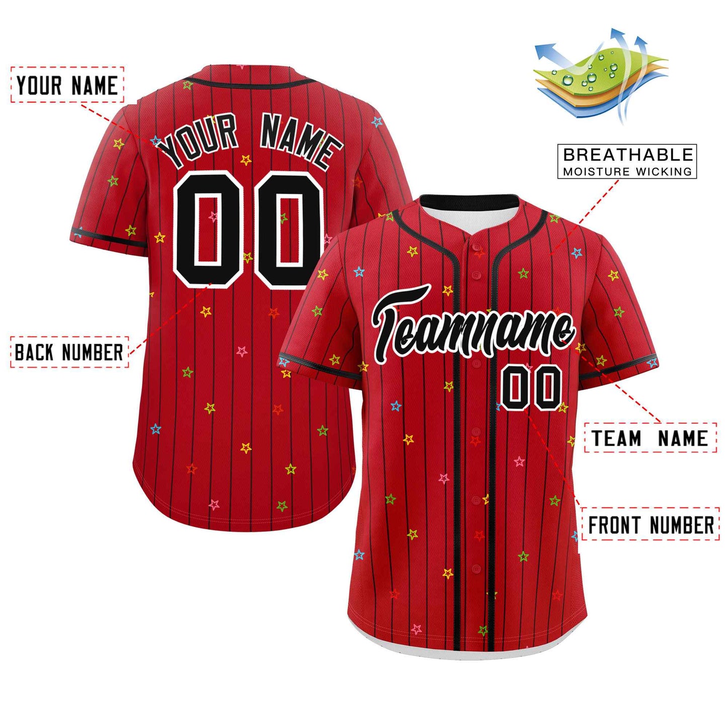 Custom Red Black Pinstripe Fashion Personalized Star Pattern Authentic Baseball Jersey