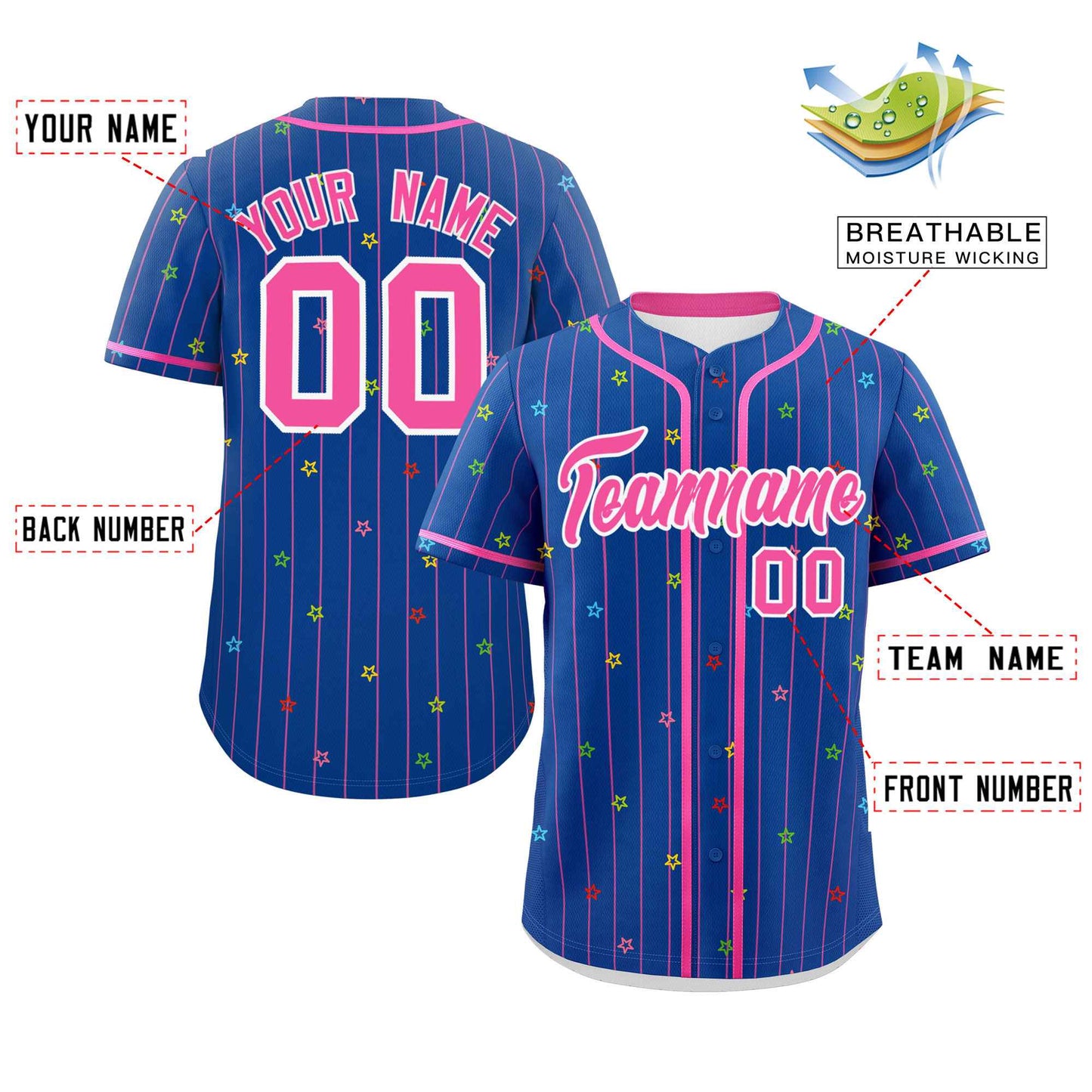 Custom Royal Pink Stripe Fashion Personalized Star Pattern Authentic Baseball Jersey