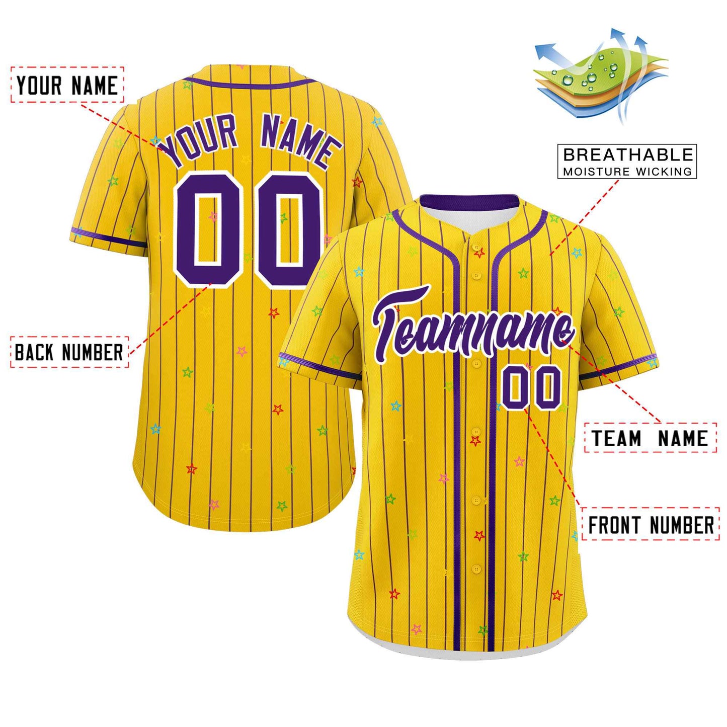 Custom Gold Purple Stripe Fashion Personalized Star Pattern Authentic Baseball Jersey