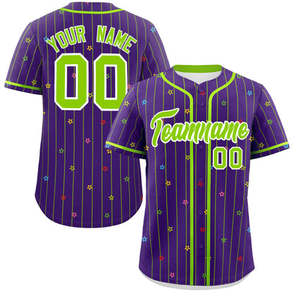 Custom Purple Neon Green Stripe Fashion Personalized Star Pattern Authentic Baseball Jersey